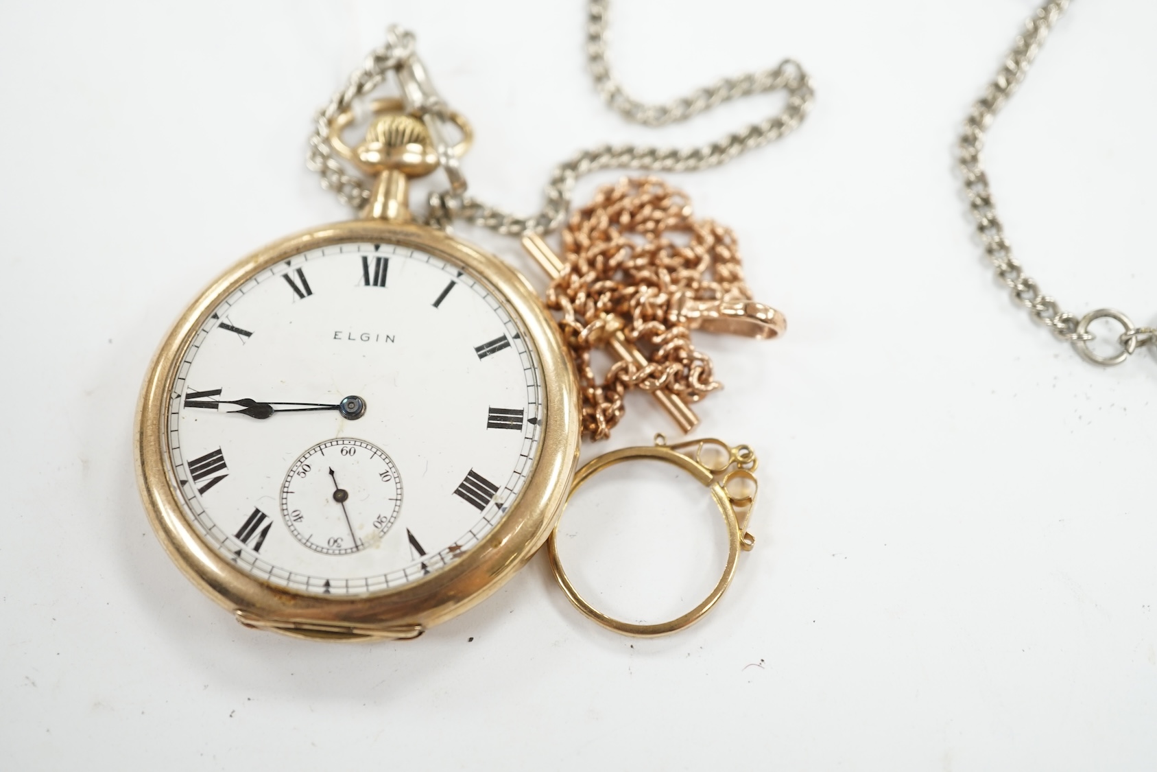 A 9ct gold albert, 21.7cm, 9.4 grams, together with an Elgin gold plated open face pocket watch with a white metal chain, a 9ct T-bar and a 9ct gold pendant mount. Condition - poor to fair